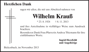 Traueranzeige von Wilhelm Krauß von Echo-Zeitungen (Gesamtausgabe)