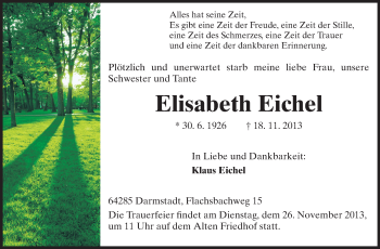 Traueranzeige von Elisabeth Eichel von Echo-Zeitungen (Gesamtausgabe)