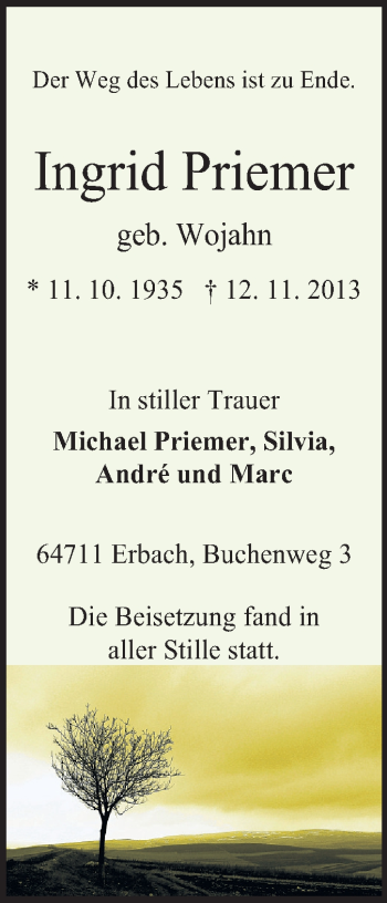 Traueranzeige von Ingrid Priemer von Odenwälder Echo
