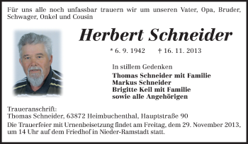 Traueranzeige von Herbert Schneider von Echo-Zeitungen (Gesamtausgabe)