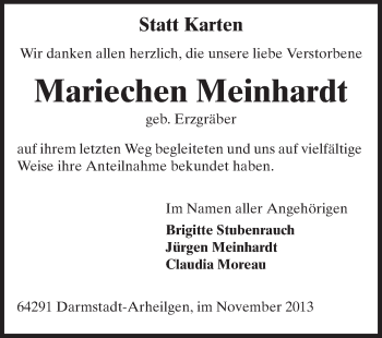 Traueranzeige von Mariechen Meinhardt von Echo-Zeitungen (Gesamtausgabe)