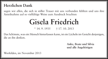 Traueranzeige von Gisela Friedrich von Rüsselsheimer Echo, Groß-Gerauer-Echo, Ried Echo