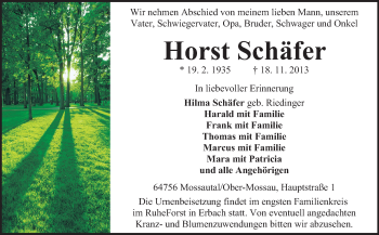 Traueranzeige von Horst Schäfer von Echo-Zeitungen (Gesamtausgabe)