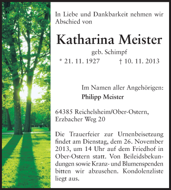 Traueranzeige von Katharina Meister von Odenwälder Echo