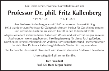 Traueranzeige von Fritz Kallenberg von Echo-Zeitungen (Gesamtausgabe)