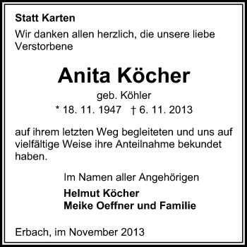 Traueranzeige von Anita Köcher von Odenwälder Echo