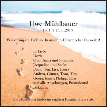 Traueranzeige von Uwe Mühlbauer von Echo-Zeitungen (Gesamtausgabe)