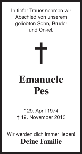 Traueranzeige von Emanuele Pes von Echo-Zeitungen (Gesamtausgabe)