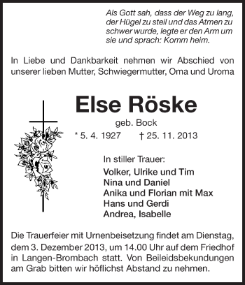 Traueranzeige von Else Röske von Odenwälder Echo