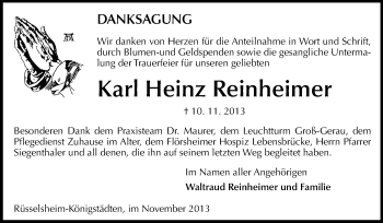 Traueranzeige von Karl Heinz Reinheimer von Rüsselsheimer Echo, Groß-Gerauer-Echo, Ried Echo