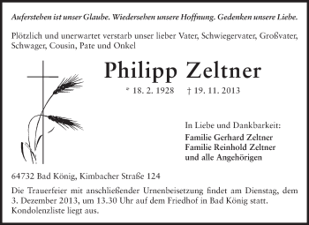 Traueranzeige von Philipp Zeltner von Odenwälder Echo