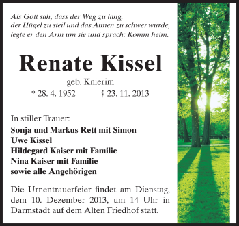 Traueranzeige von Renate Kissel von Echo-Zeitungen (Gesamtausgabe)