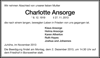 Traueranzeige von Charlotte Ansorge von Starkenburger Echo