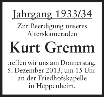 Traueranzeige von Kurt Gremm von Starkenburger Echo