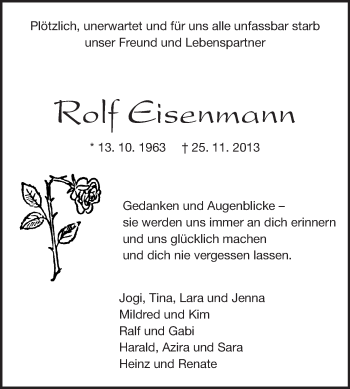Traueranzeige von Rolf Eisenmann von Darmstädter Echo, Odenwälder Echo, Rüsselsheimer Echo, Groß-Gerauer-Echo, Ried Echo