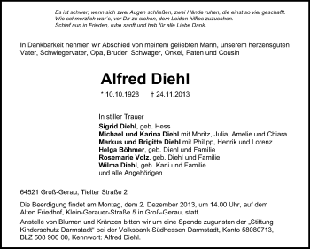 Traueranzeige von Alfred Diehl von Echo-Zeitungen (Gesamtausgabe)
