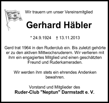 Traueranzeige von Gerhard Häbler von Echo-Zeitungen (Gesamtausgabe)