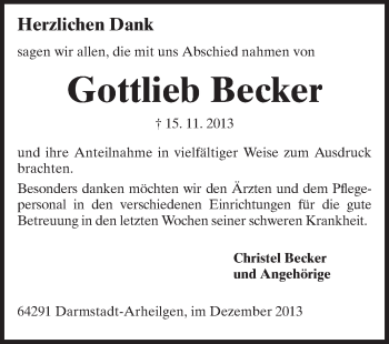Traueranzeige von Gottlieb Becker von Echo-Zeitungen (Gesamtausgabe)