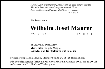 Traueranzeige von Wilhelm Josef Maurer von Rüsselsheimer Echo, Groß-Gerauer-Echo, Ried Echo