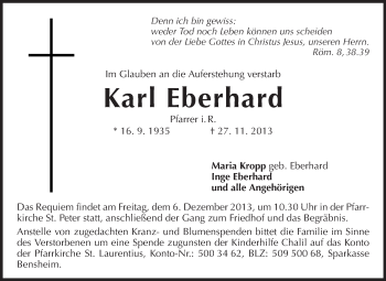 Traueranzeige von Karl Eberhard von Starkenburger Echo, Bergsträßer Anzeiger