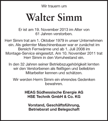 Traueranzeige von Walter Simm von Echo-Zeitungen (Gesamtausgabe)
