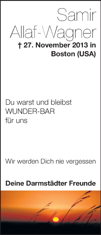 Traueranzeige von Samir 
Allaf-Wagner von Echo-Zeitungen (Gesamtausgabe)