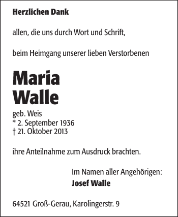 Traueranzeige von Maria Walle von Rüsselsheimer Echo, Groß-Gerauer-Echo, Ried Echo