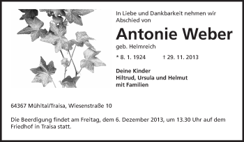 Traueranzeige von Antonie Weber von Echo-Zeitungen (Gesamtausgabe)