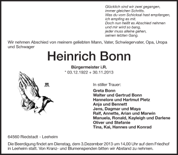 Traueranzeige von Heinrich Bonn von Rüsselsheimer Echo, Groß-Gerauer-Echo, Ried Echo