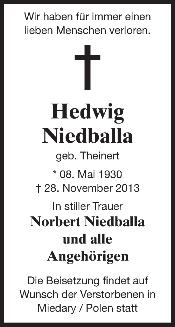 Traueranzeige von Hedwig Niedballa von Rüsselsheimer Echo, Groß-Gerauer-Echo, Ried Echo