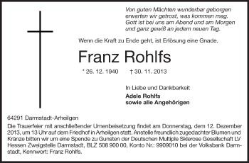 Traueranzeige von Franz Rohlfs von Echo-Zeitungen (Gesamtausgabe)