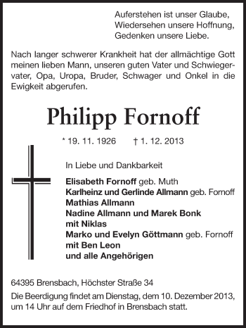 Traueranzeige von Philipp Fornoff von Echo-Zeitungen (Gesamtausgabe)