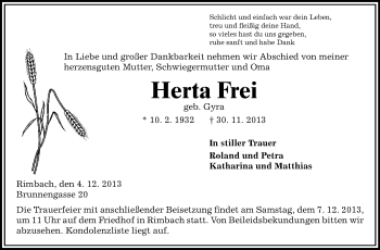 Traueranzeige von Herta Frei von Starkenburger Echo