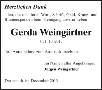Traueranzeige von Gerda Weingärtner von Echo-Zeitungen (Gesamtausgabe)