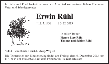 Traueranzeige von Erwin Rühl von Echo-Zeitungen (Gesamtausgabe)