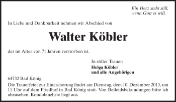 Traueranzeige von Walter Köbler von Odenwälder Echo