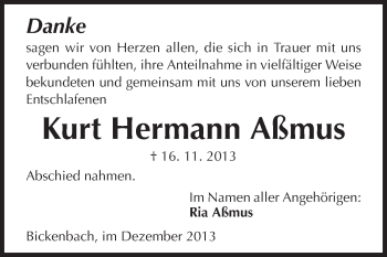 Traueranzeige von Kurt Hermann Aßmus von Echo-Zeitungen (Gesamtausgabe)