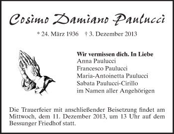 Traueranzeige von Cosimo Damiano Paulucci von Echo-Zeitungen (Gesamtausgabe)