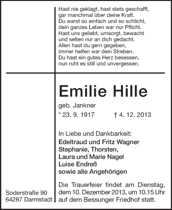 Traueranzeige von Emilie Hille von Echo-Zeitungen (Gesamtausgabe)