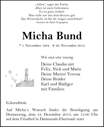 Traueranzeige von Micha Bund von Echo-Zeitungen (Gesamtausgabe)