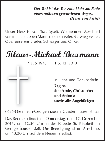 Traueranzeige von Klaus-Michael Buxmann von Echo-Zeitungen (Gesamtausgabe)