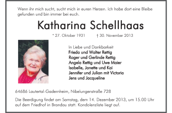 Traueranzeige von Katharina Schellhaas von Echo-Zeitungen (Gesamtausgabe)