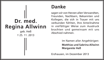 Traueranzeige von Regina Allwinn von Echo-Zeitungen (Gesamtausgabe)