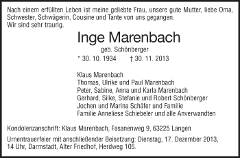 Traueranzeige von Inge Marenbach von Echo-Zeitungen (Gesamtausgabe)