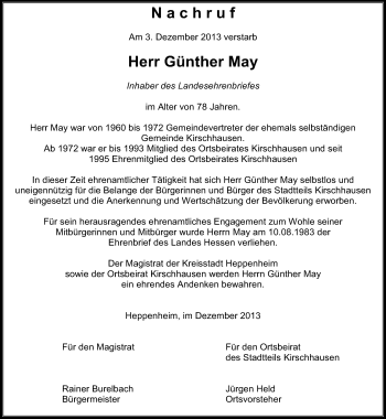 Traueranzeige von Günther May von Starkenburger Echo