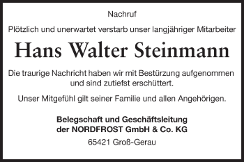 Traueranzeige von Hans Walter Steinmann von Rüsselsheimer Echo, Groß-Gerauer-Echo, Ried Echo