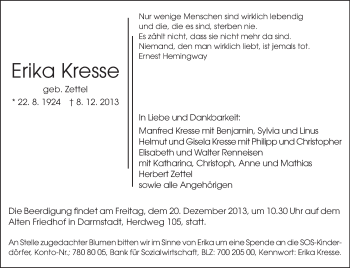 Traueranzeige von Erika Kresse von Echo-Zeitungen (Gesamtausgabe)