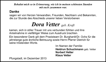 Traueranzeige von Dora Vetter von Echo-Zeitungen (Gesamtausgabe)
