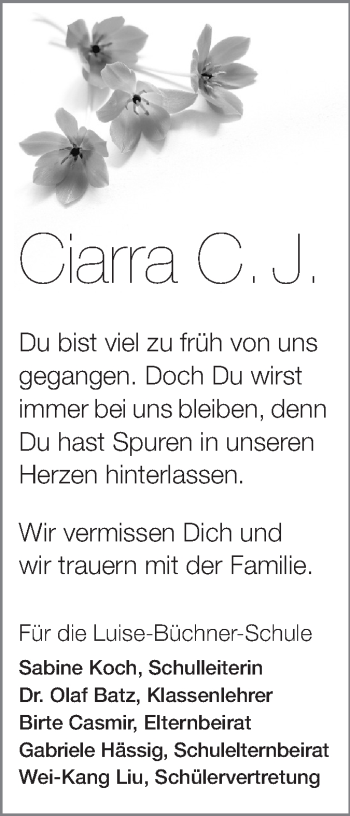 Traueranzeige von Ciarra Joi Rhodes von Rüsselsheimer Echo, Groß-Gerauer-Echo, Ried Echo