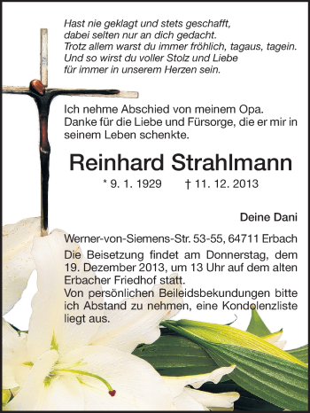 Traueranzeige von Reinhard Strahlmann von Odenwälder Echo